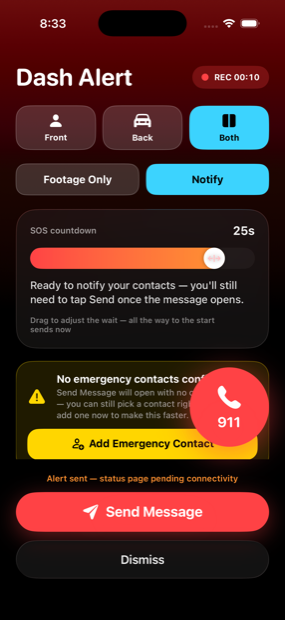 WanderFree Dash Alert SOS Notify screen with countdown